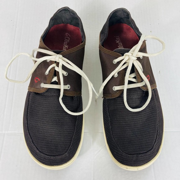 Olukai Mens Siz 11 Nohea Lace Up Mesh Casual Shoes Brown Drop In Heel Slip On - Picture 2 of 9